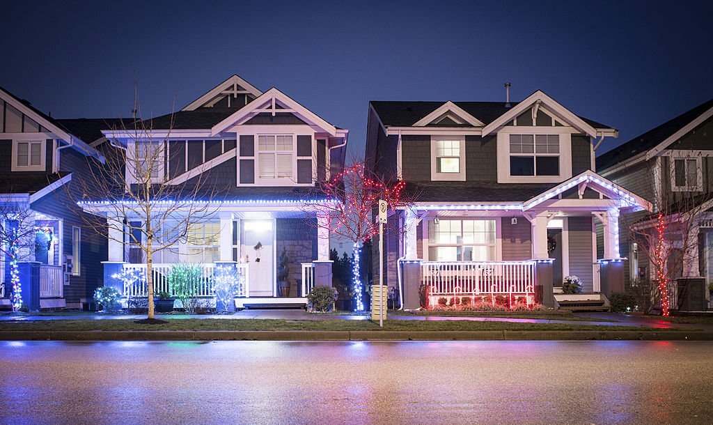 Suburban houses illuminated in christmas decorations